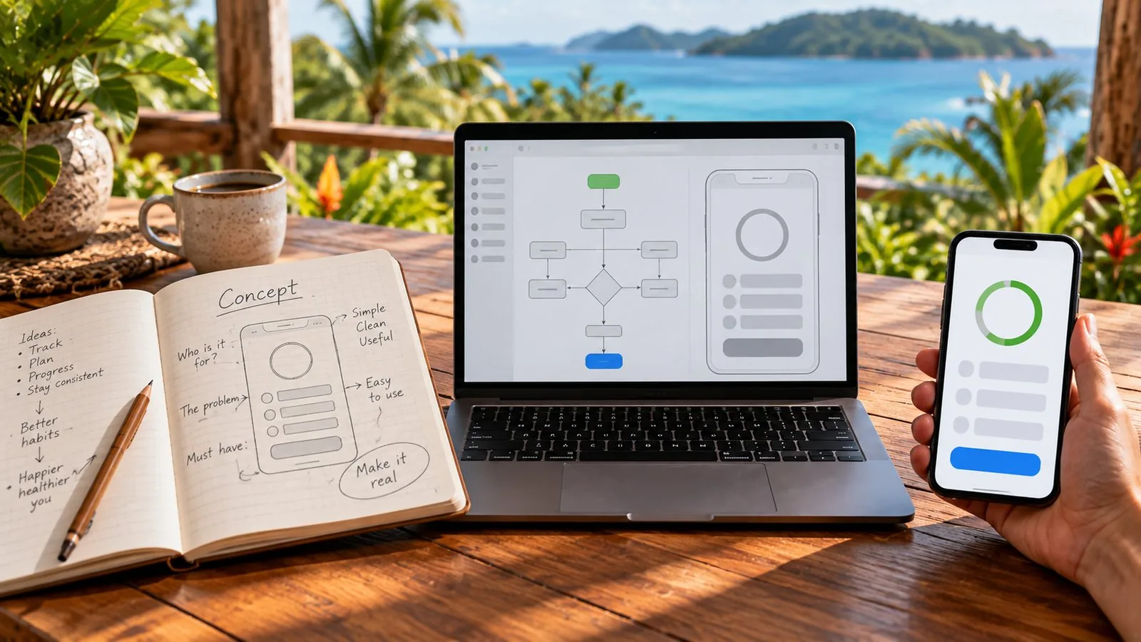 Left to right on a timber table: a notebook page headed Concept with a hand-drawn app sketch and notes, a laptop showing a tidy flowchart beside a wireframe of the same screen, and a hand holding a phone with the finished app