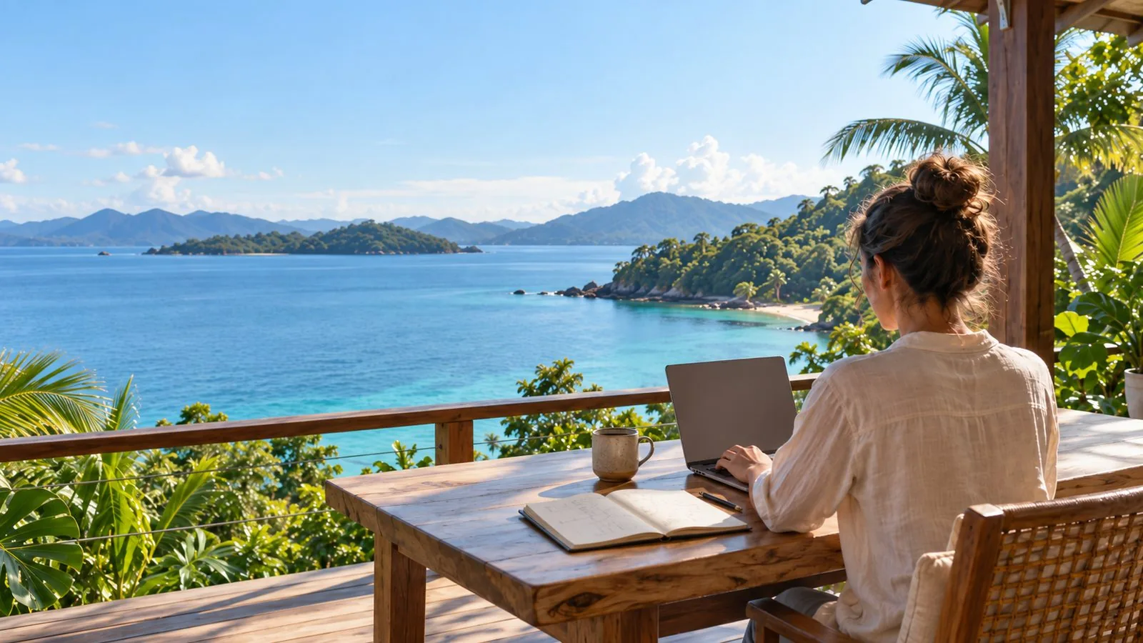 A person working calmly on a laptop at a timber table on a tropical deck overlooking turquoise water