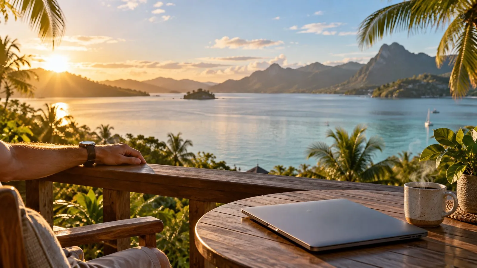 Golden morning light over a tropical lagoon, a closed laptop and steaming coffee on a timber table, a relaxed arm resting on the deck rail