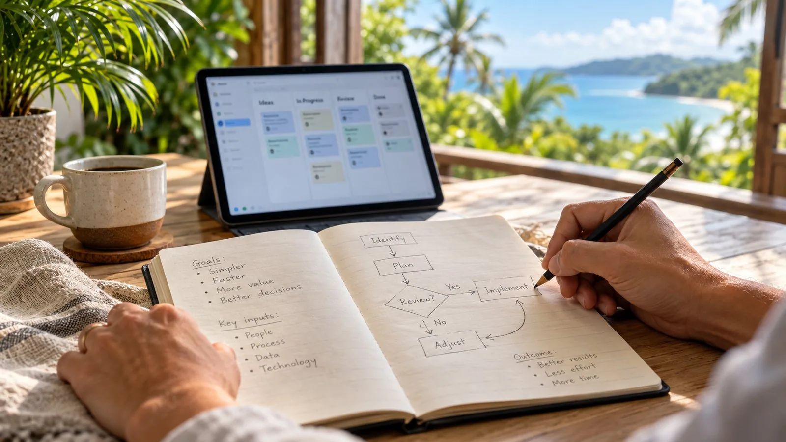 A hand sketching a process flowchart in a notebook, with a tablet behind showing the work organised as a digital task board, on a timber table overlooking tropical water