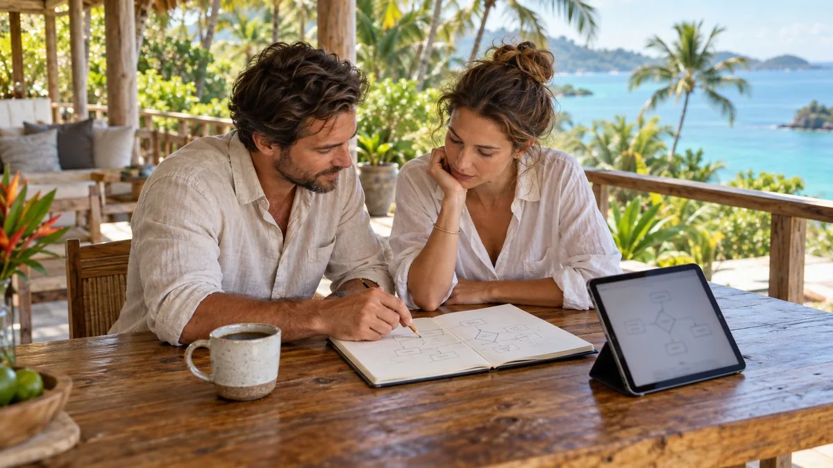 Two people at a timber table on a tropical veranda, leaning in together over a hand-drawn flow diagram in a notebook, with the same diagram on a tablet beside them